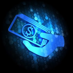 Blue Icon of Money in the Hand on Dark Digital Background. - How to Sell Event Sponsorship Packages